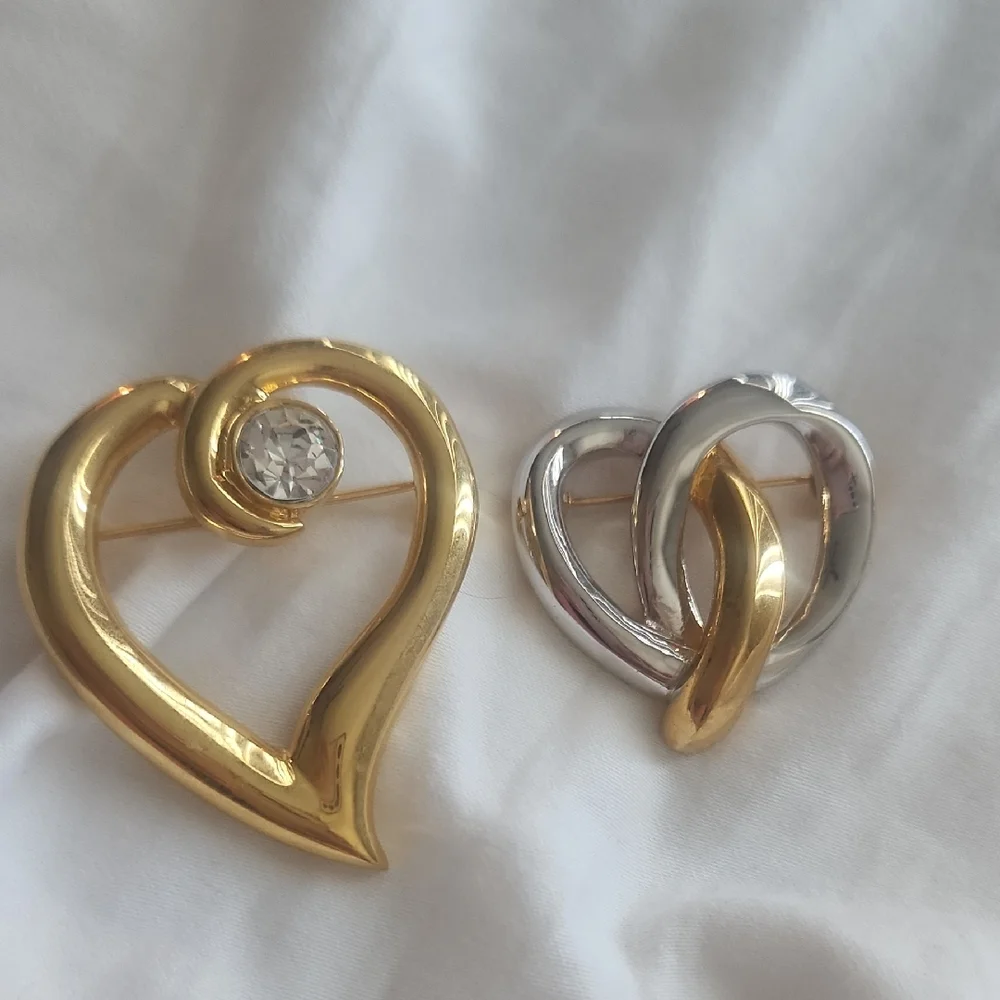 Elegant Gold and Silver Heart Brooch Bundle